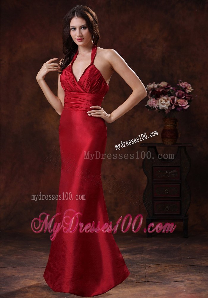 Mermaid Red Halter Taffeta Bridesmaid Dress Floor-length Zipper-up