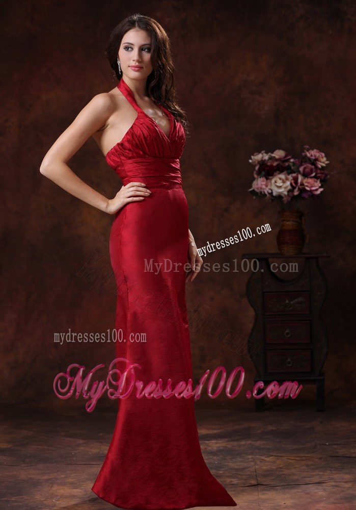 Mermaid Red Halter Taffeta Bridesmaid Dress Floor-length Zipper-up