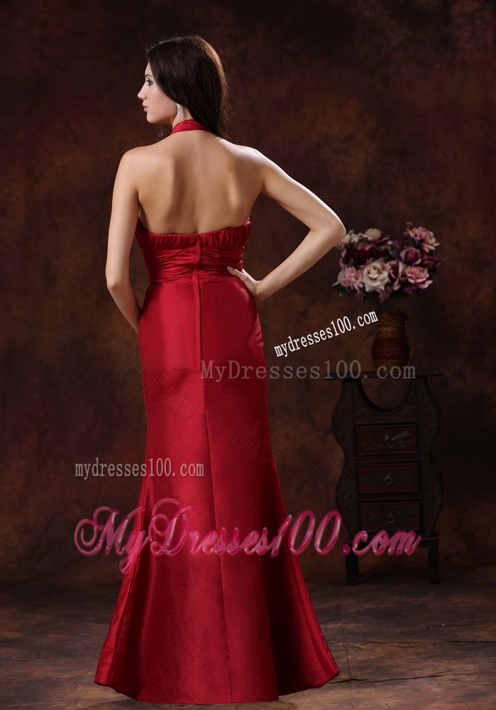 Mermaid Red Halter Taffeta Bridesmaid Dress Floor-length Zipper-up