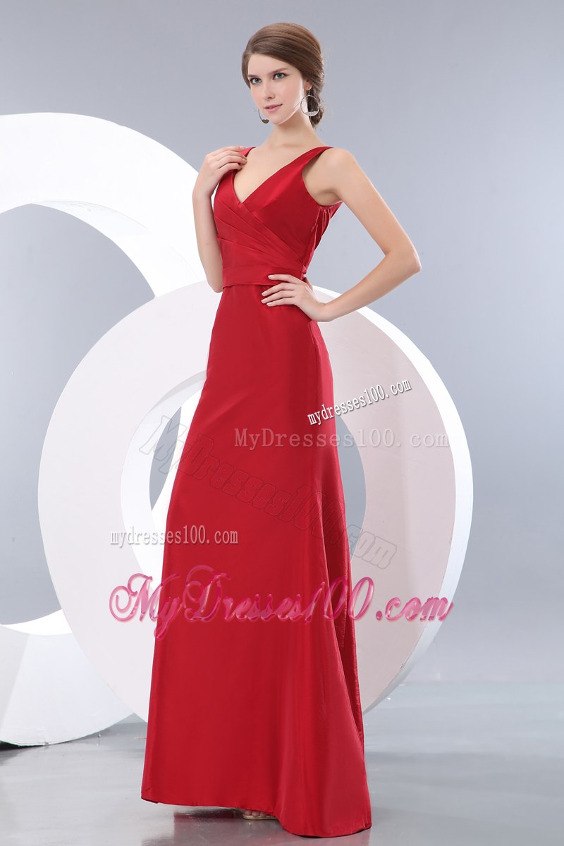 V-neck Ruche Red Column Bridesmaid Dress Floor-length Taffeta Zipper-up