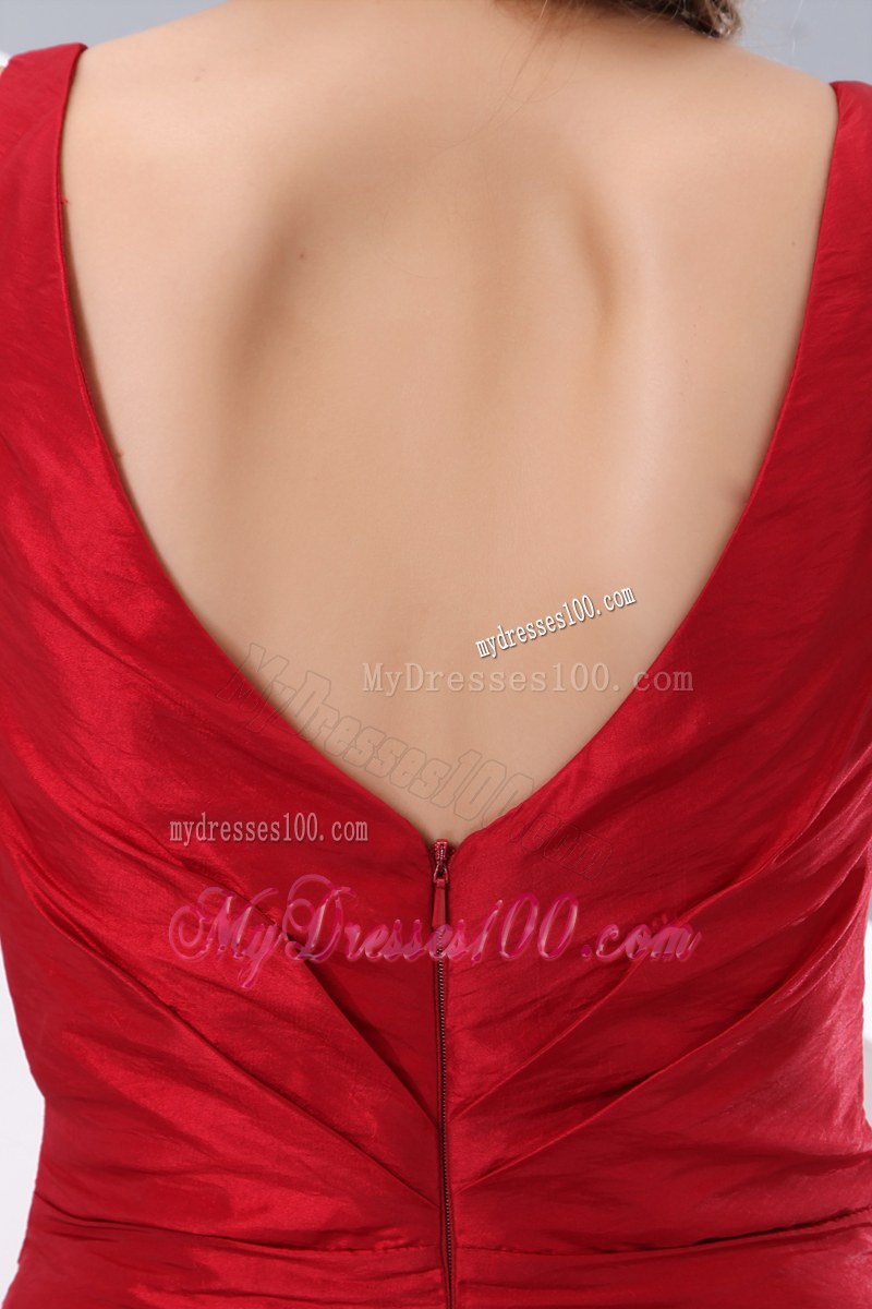 V-neck Ruche Red Column Bridesmaid Dress Floor-length Taffeta Zipper-up