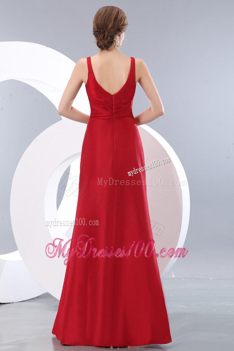 V-neck Ruche Red Column Bridesmaid Dress Floor-length Taffeta Zipper-up