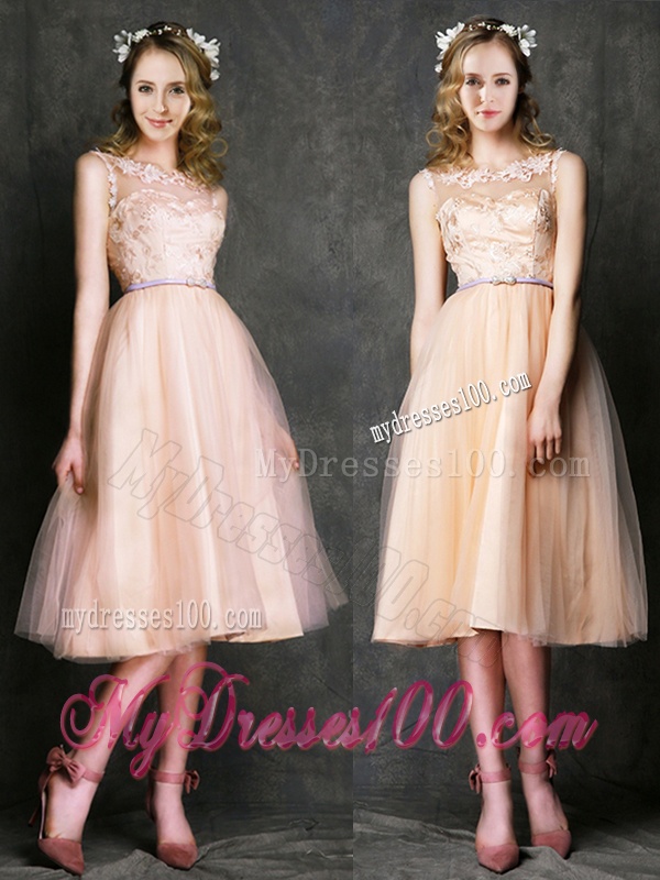 Romantic Laced and Sashed Scoop Bridesmaid Dress in Peach