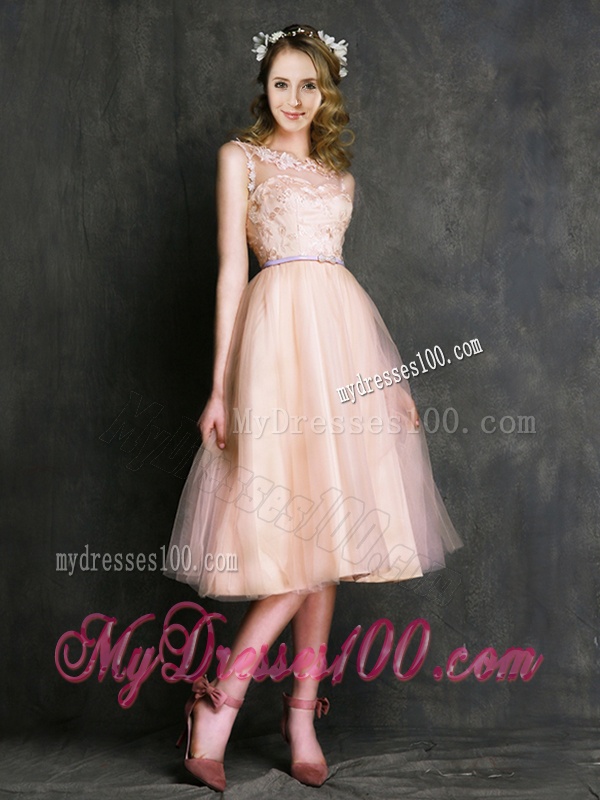 Romantic Laced and Sashed Scoop Bridesmaid Dress in Peach