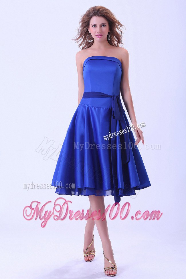 Strapless Royal Blue Tea-length Satin Bridemaid Dress With Sash