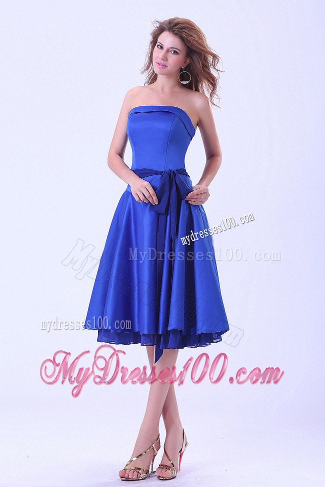 Strapless Royal Blue Tea-length Satin Bridemaid Dress With Sash