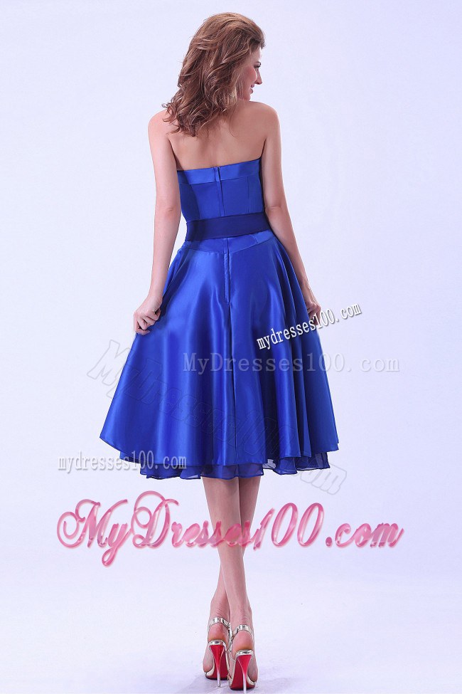 Strapless Royal Blue Tea-length Satin Bridemaid Dress With Sash