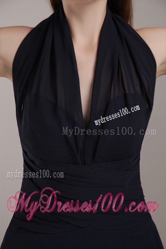 Navy Blue Bridemaid Dress Column Halter Brush Train Chiffon Ruching