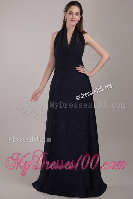 Navy Blue Bridemaid Dress Column Halter Brush Train Chiffon Ruching