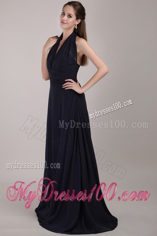 Navy Blue Bridemaid Dress Column Halter Brush Train Chiffon Ruching