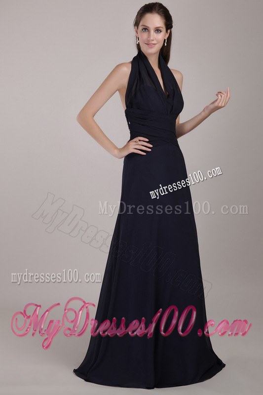 Navy Blue Bridemaid Dress Column Halter Brush Train Chiffon Ruching