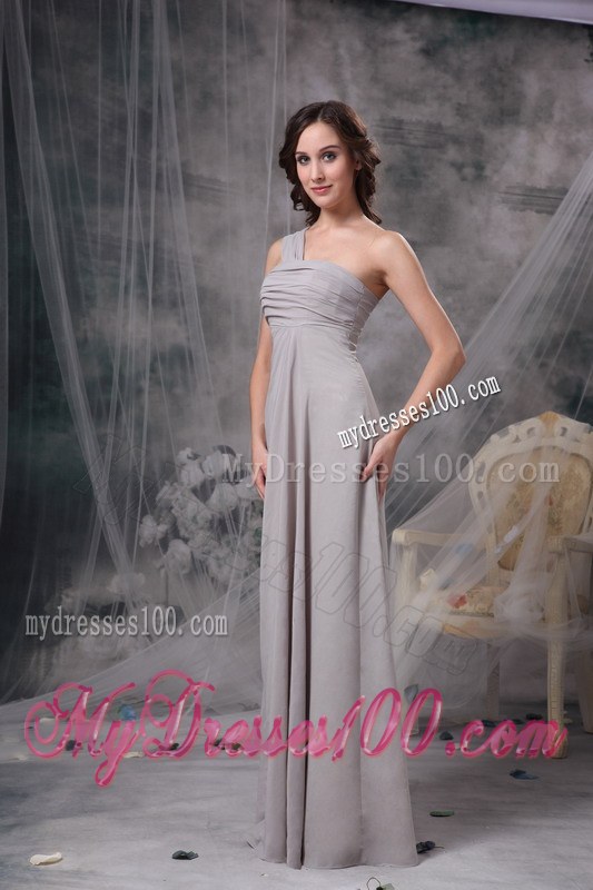 One Shoulder Grey Column Bridesmaid Dresses Chiffon Ruche Floor-length