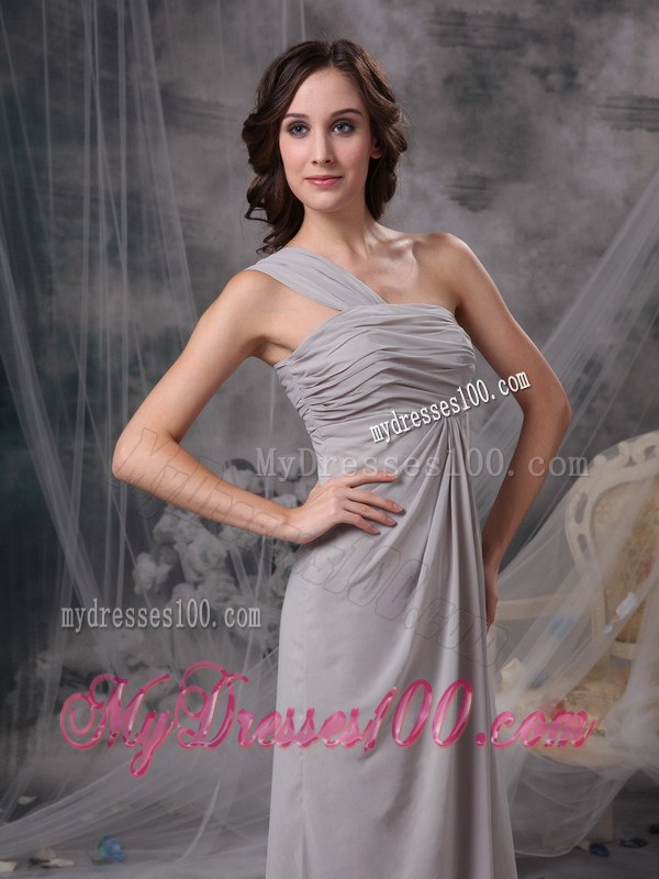 One Shoulder Grey Column Bridesmaid Dresses Chiffon Ruche Floor-length