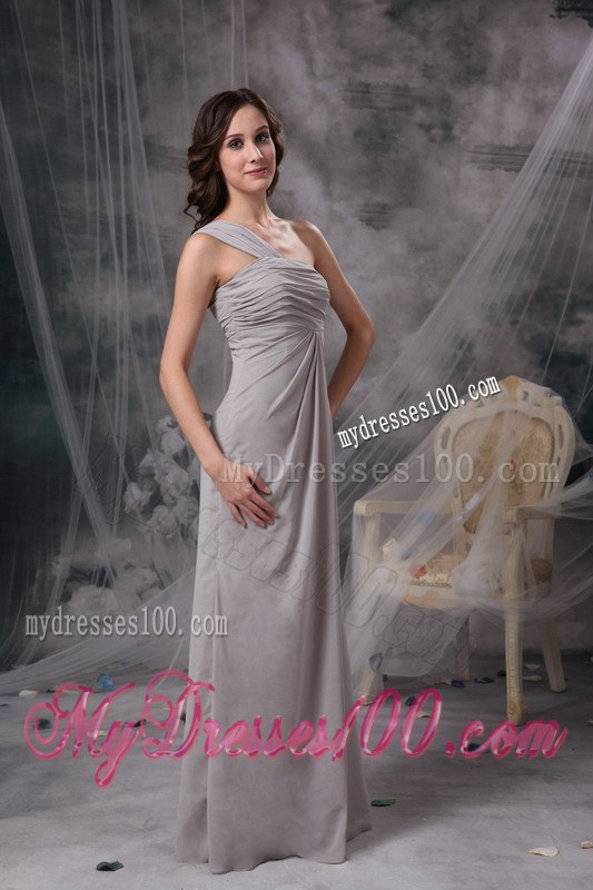 One Shoulder Grey Column Bridesmaid Dresses Chiffon Ruche Floor-length