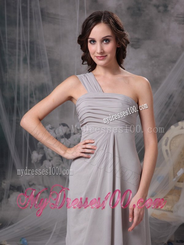 One Shoulder Grey Column Bridesmaid Dresses Chiffon Ruche Floor-length