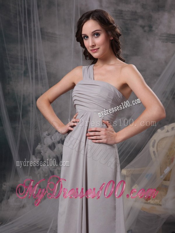 One Shoulder Grey Column Bridesmaid Dresses Chiffon Ruche Floor-length