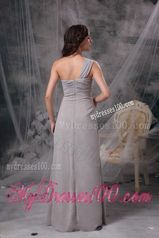 One Shoulder Grey Column Bridesmaid Dresses Chiffon Ruche Floor-length