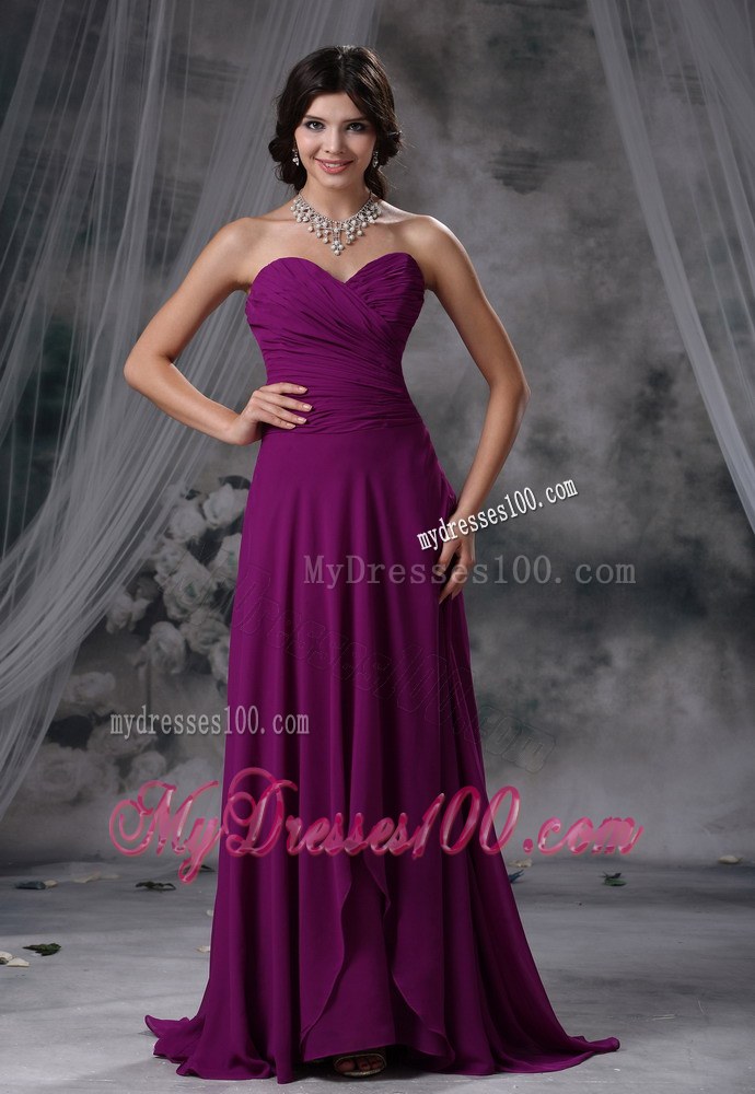 Ruching Purple Chiffon Bridesmaid Dresses Brush Train Sweetheart