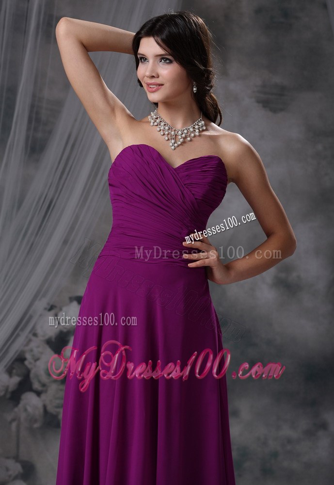 Ruching Purple Chiffon Bridesmaid Dresses Brush Train Sweetheart