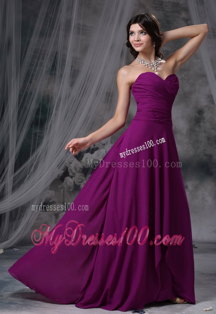 Ruching Purple Chiffon Bridesmaid Dresses Brush Train Sweetheart