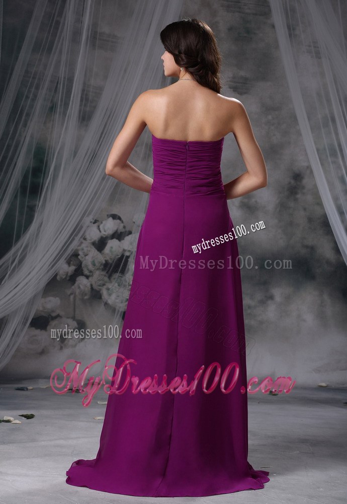 Ruching Purple Chiffon Bridesmaid Dresses Brush Train Sweetheart