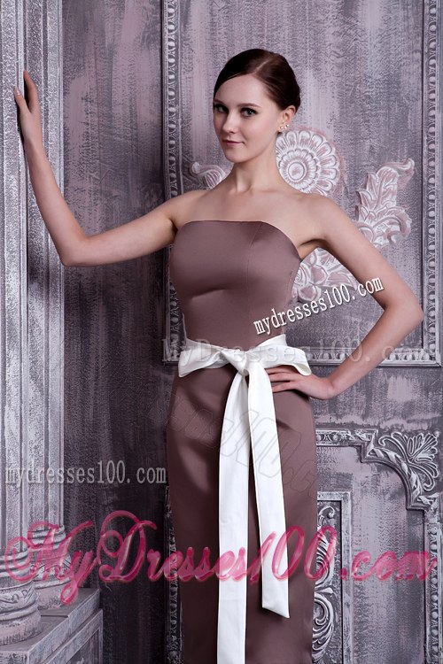 Column Strapless Tea-length Brown Bridesmaid Dresses Satin Sash