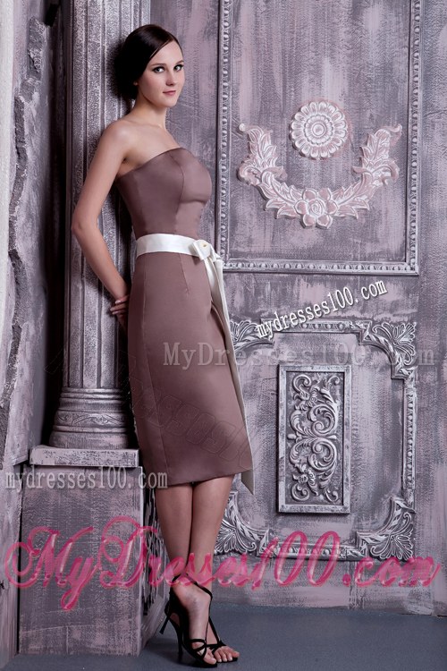 Column Strapless Tea-length Brown Bridesmaid Dresses Satin Sash