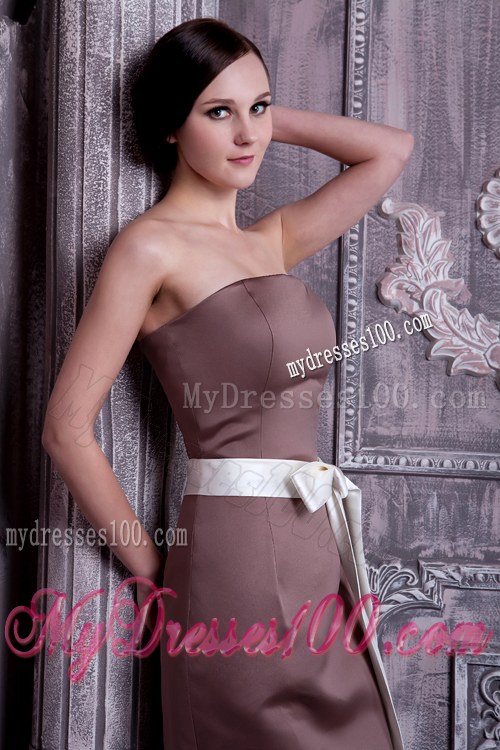 Column Strapless Tea-length Brown Bridesmaid Dresses Satin Sash