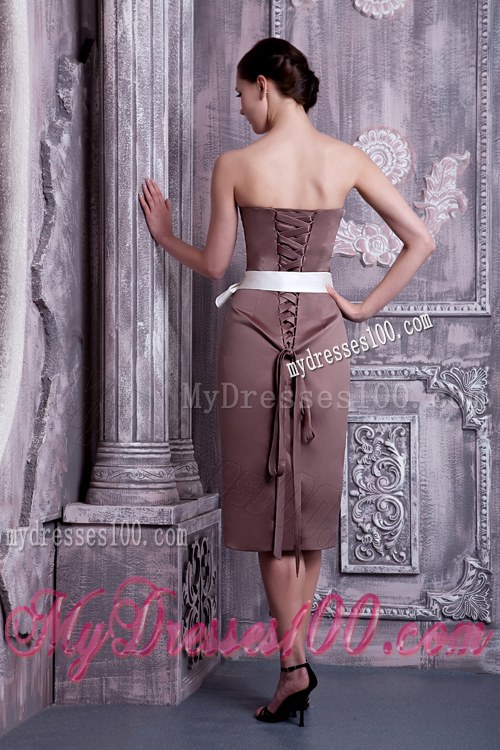 Column Strapless Tea-length Brown Bridesmaid Dresses Satin Sash