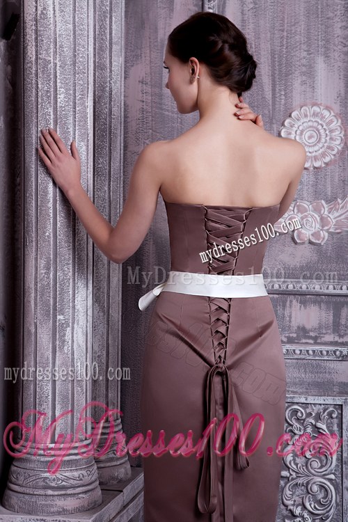 Column Strapless Tea-length Brown Bridesmaid Dresses Satin Sash