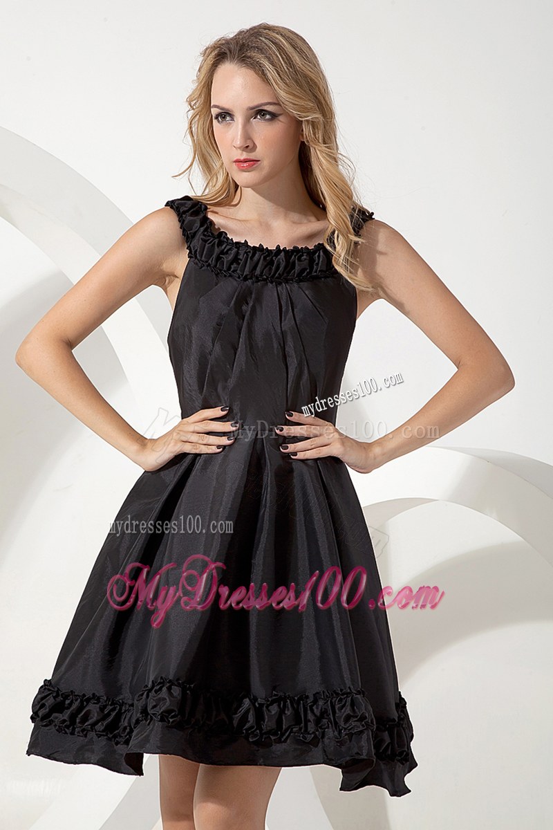 Scoop A-line Black Bridesmaid Dress Mini-length Taffeta Hand Flowers