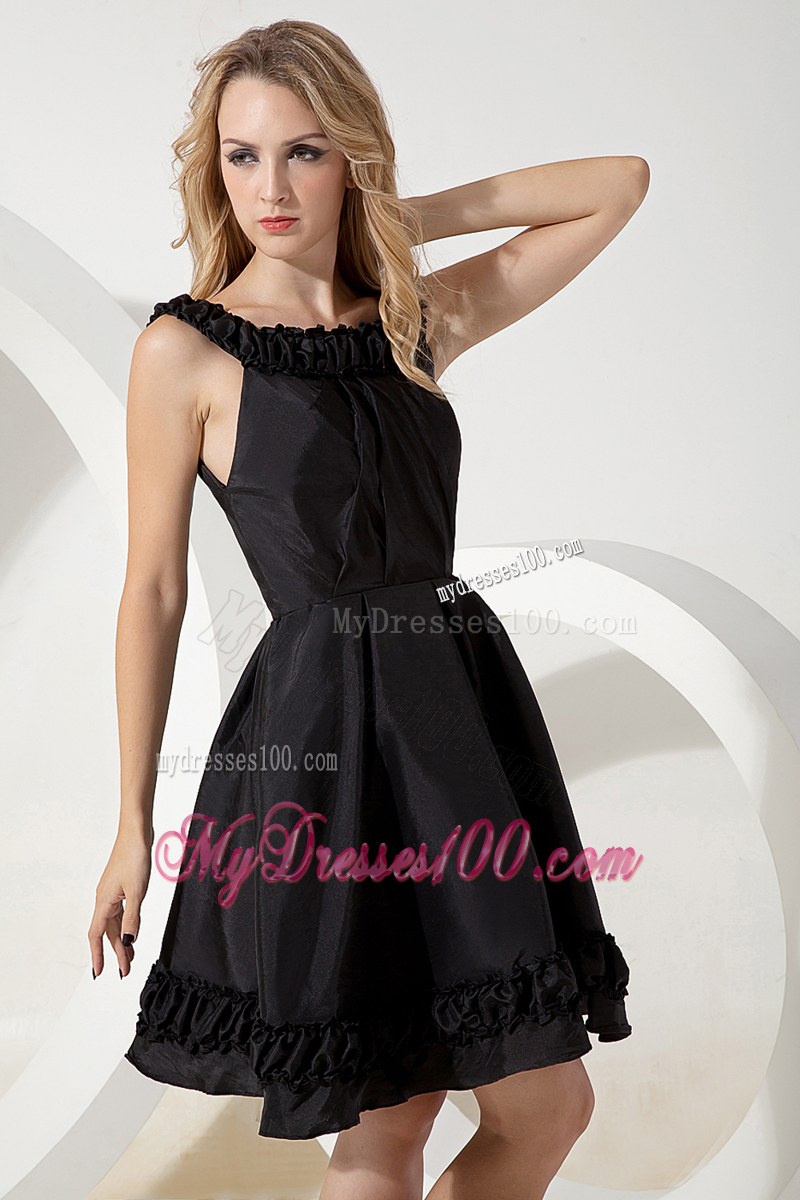 Scoop A-line Black Bridesmaid Dress Mini-length Taffeta Hand Flowers