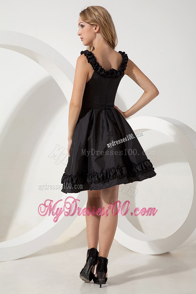 Scoop A-line Black Bridesmaid Dress Mini-length Taffeta Hand Flowers