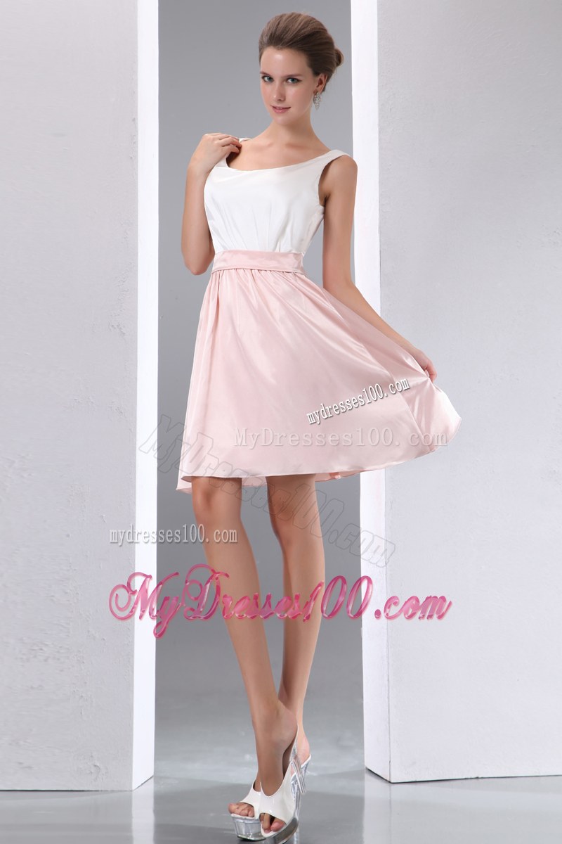 White and Pink A-line Scoop Bridesmaid Dress Mini-length Taffeta