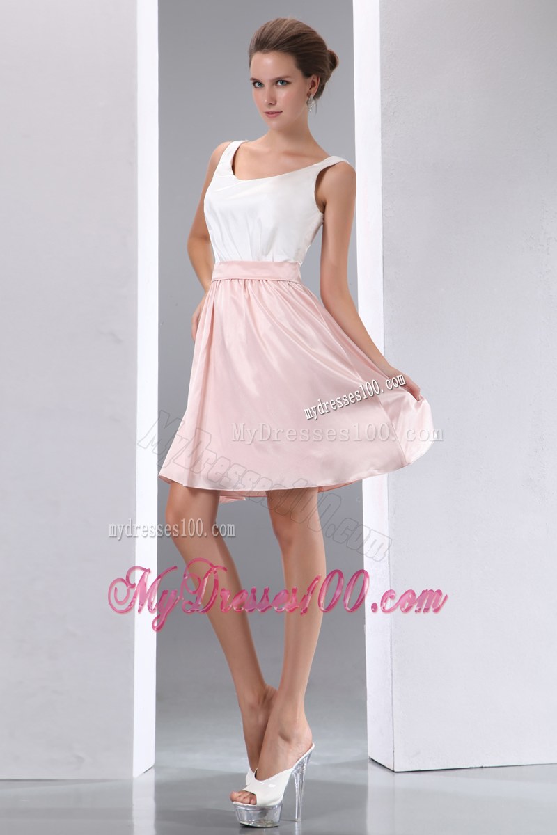 White and Pink A-line Scoop Bridesmaid Dress Mini-length Taffeta