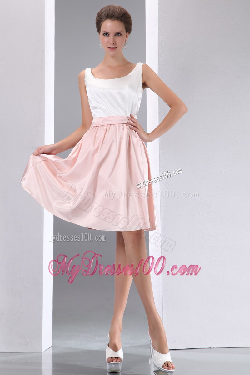 White and Pink A-line Scoop Bridesmaid Dress Mini-length Taffeta