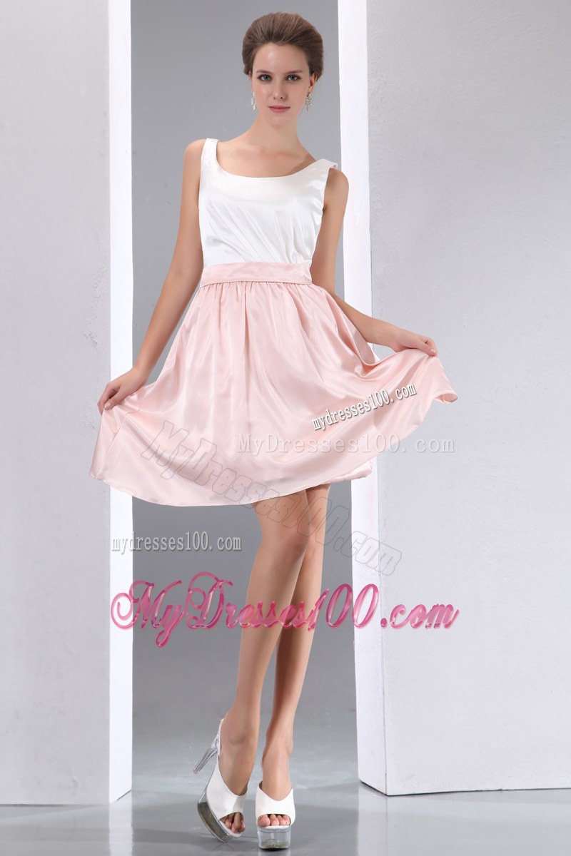 White and Pink A-line Scoop Bridesmaid Dress Mini-length Taffeta