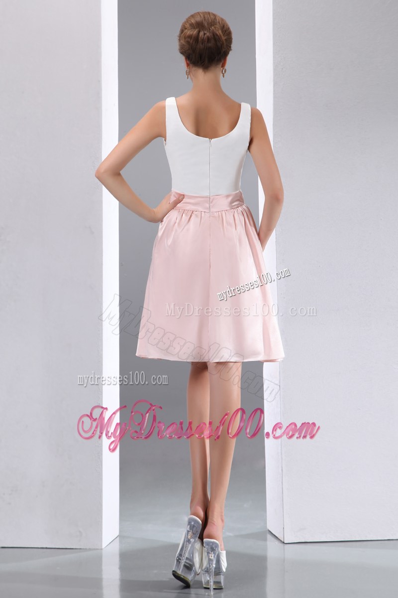 White and Pink A-line Scoop Bridesmaid Dress Mini-length Taffeta
