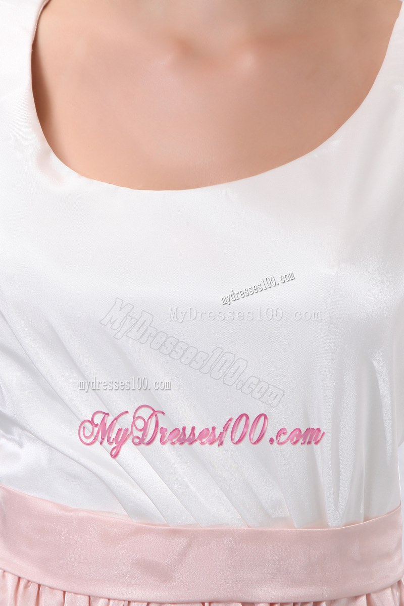 White and Pink A-line Scoop Bridesmaid Dress Mini-length Taffeta