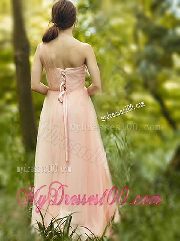 See Through One Shoulder Peach Bridesmaid Dress in Floor Length