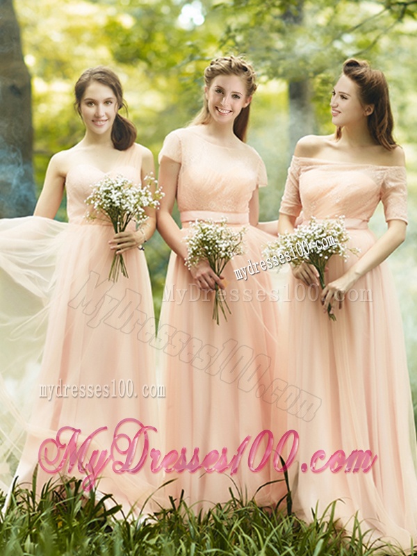 See Through One Shoulder Peach Bridesmaid Dress in Floor Length
