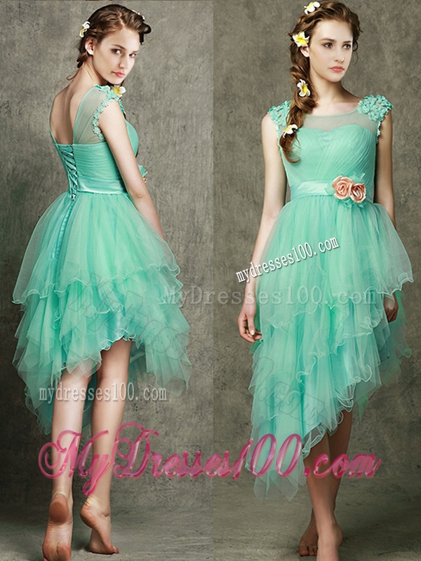 See Through Scoop Bridesmaid Dress with Appliques and Hand Made Flowers