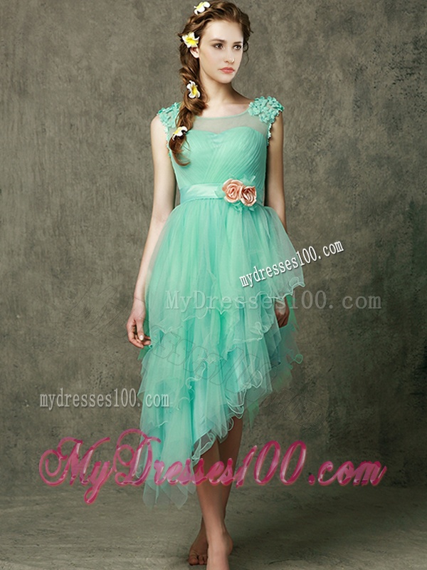See Through Scoop Bridesmaid Dress with Appliques and Hand Made Flowers