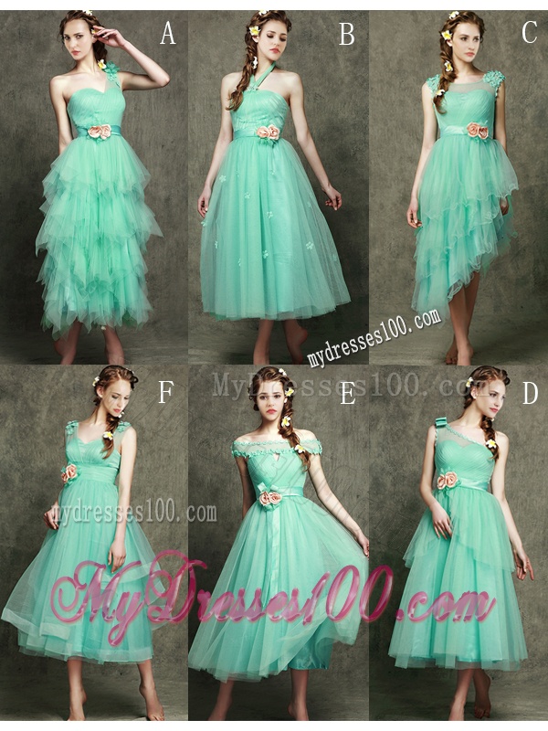 See Through Scoop Bridesmaid Dress with Appliques and Hand Made Flowers