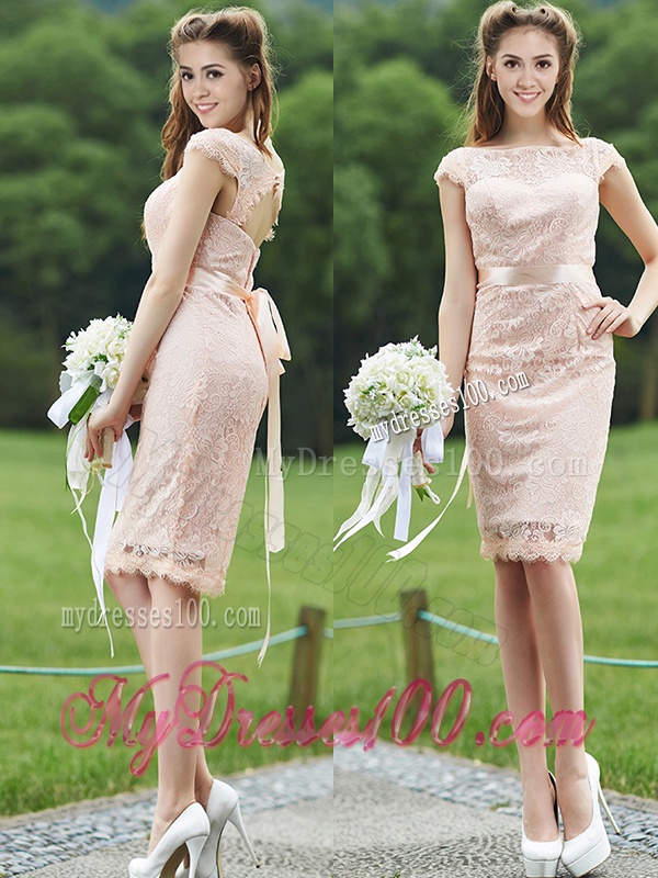 See Through Scoop Cap Sleeves Bridesmaid Dress with Sashes