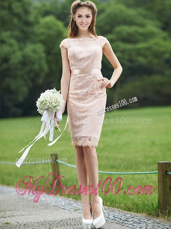 See Through Scoop Cap Sleeves Bridesmaid Dress with Sashes