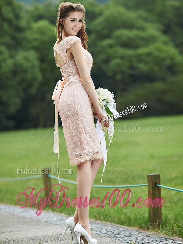 See Through Scoop Cap Sleeves Bridesmaid Dress with Sashes