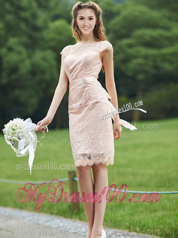See Through Scoop Cap Sleeves Bridesmaid Dress with Sashes
