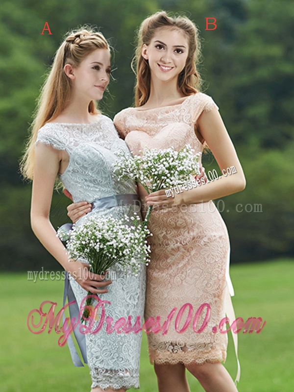 See Through Scoop Cap Sleeves Bridesmaid Dress with Sashes