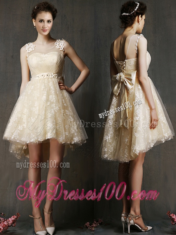 See Through Scoop Champagne Bridesmaid Dress with Hand Made Flowers and Bowknot